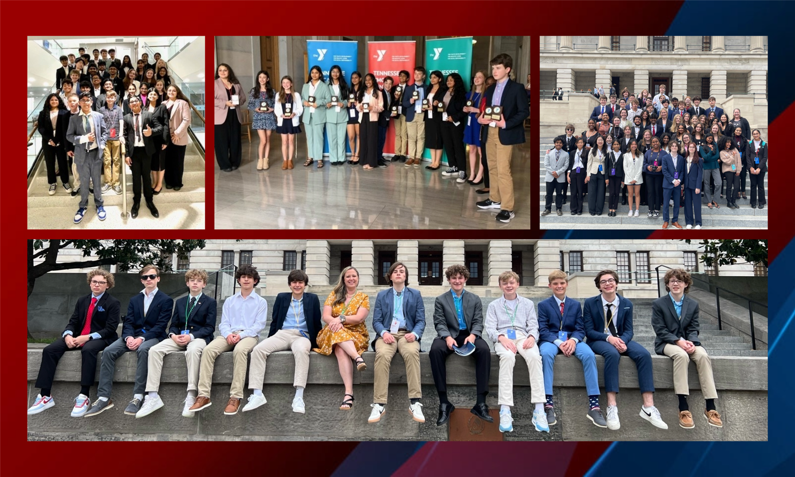 Students take a picture on the steps of a building